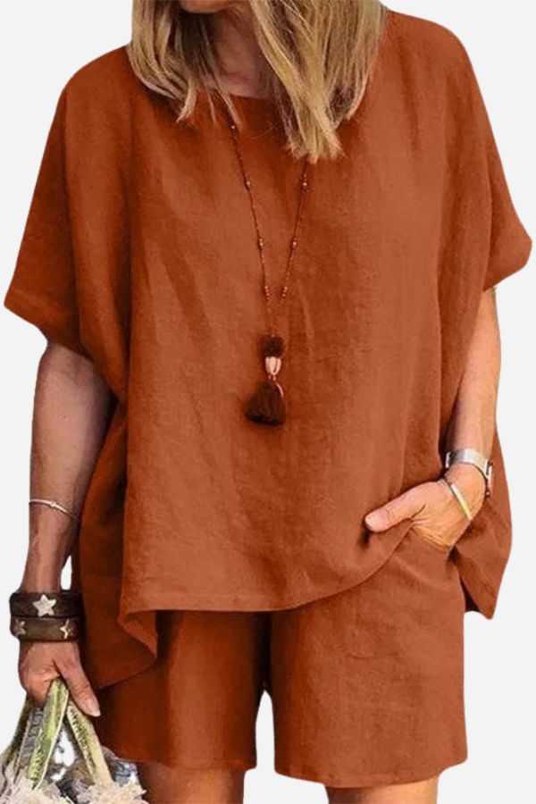 Comfy Linen-like Shirt &amp; Shorts Two-Piece Set