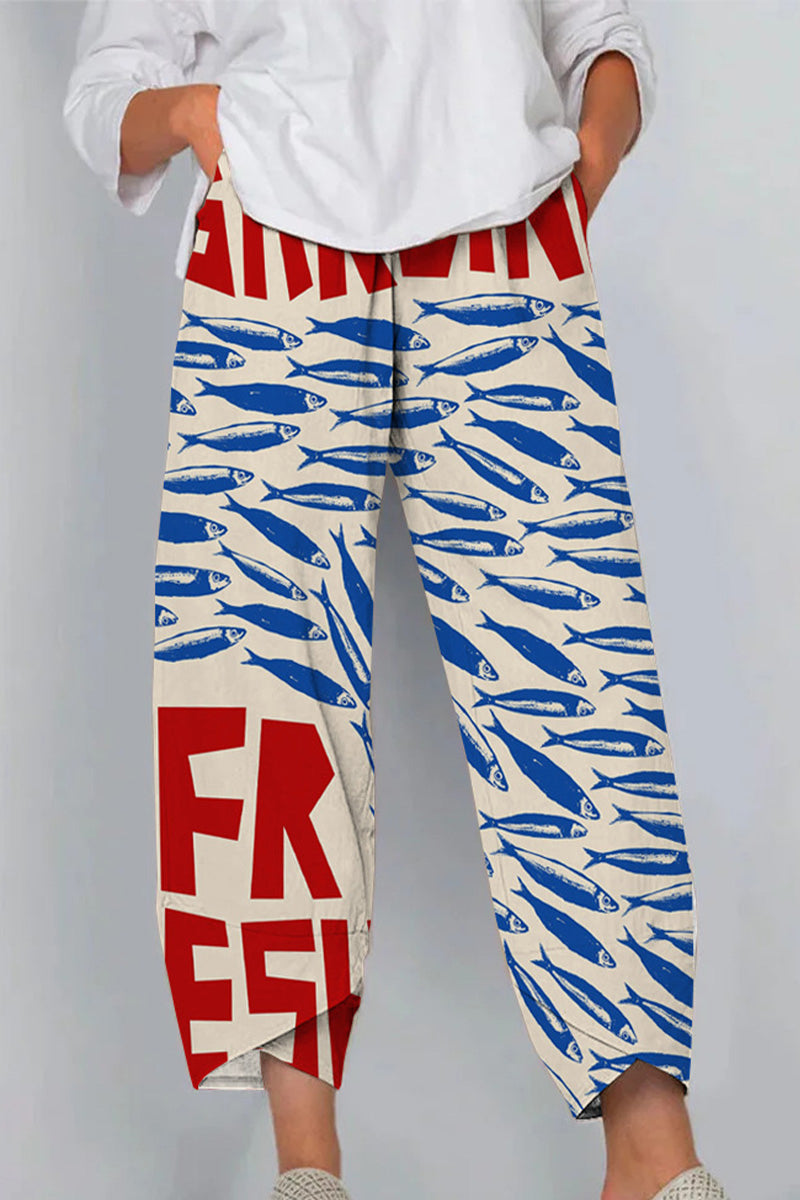 Artistic Sardine Pattern Breathable Cropped Pants