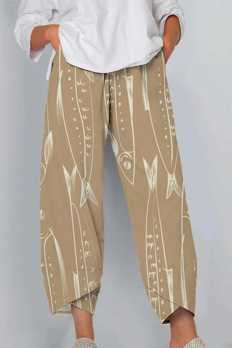 Artistic Sardine Pattern Breathable Cropped Pants