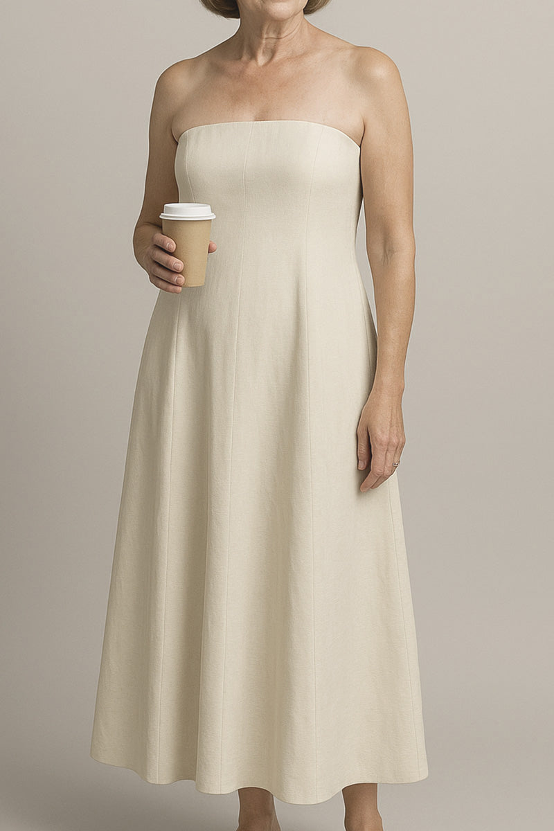 Cotton-Linen Blend Strapless Long Dress