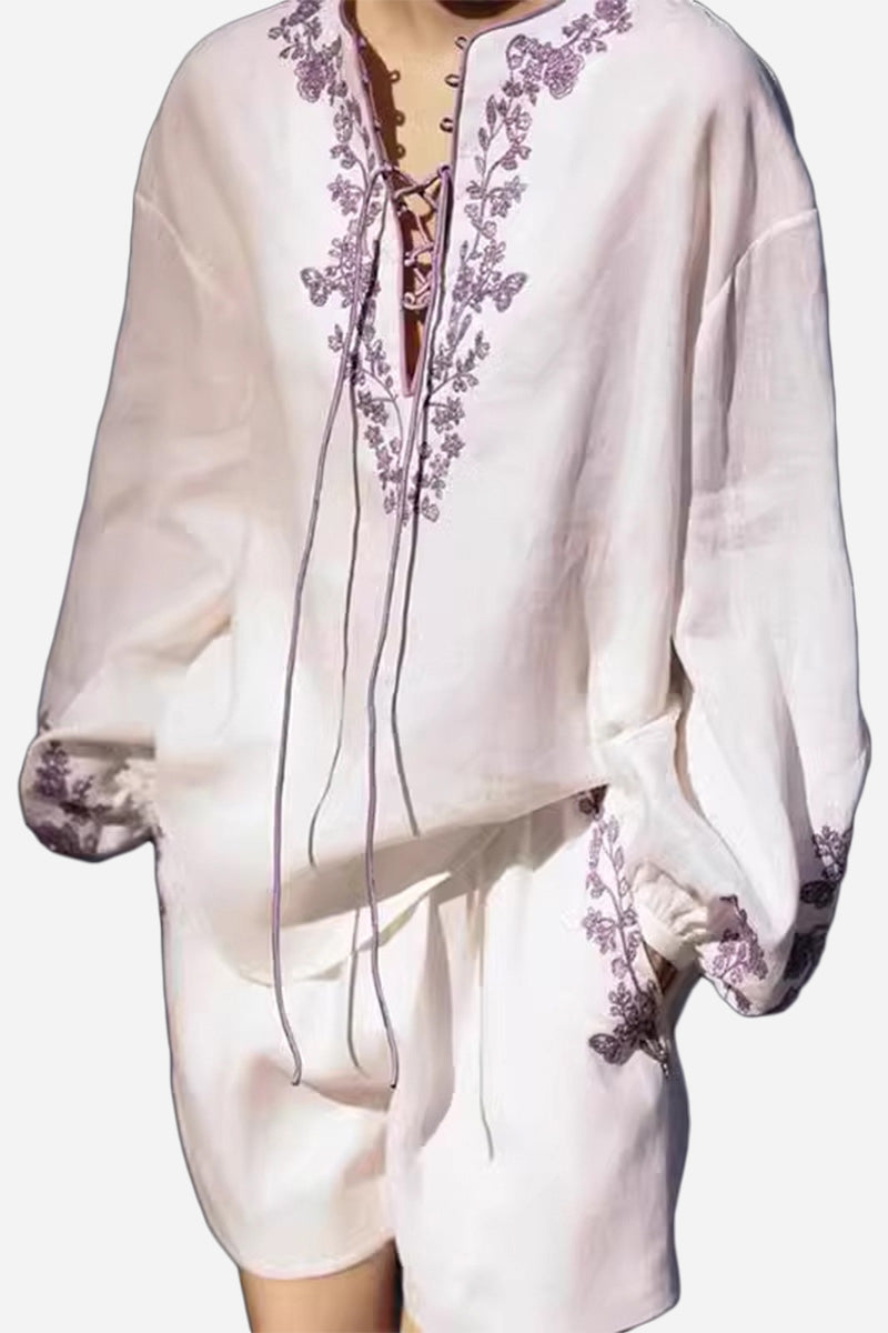 100% Linen Flower Embroidery Two-Piece Set