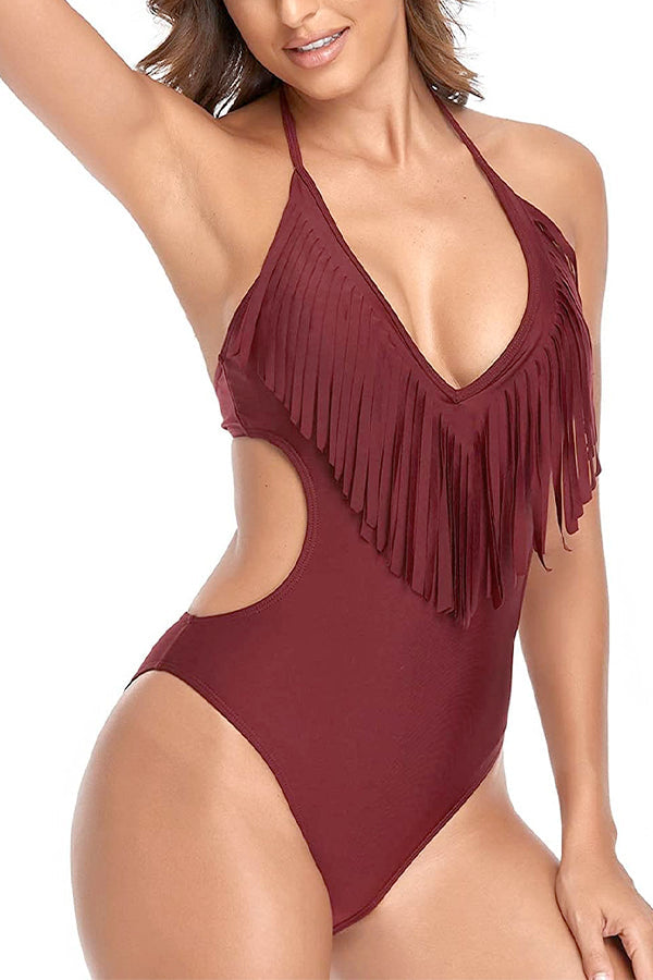 Cutout Halter Tassel One Piece Swimsuit