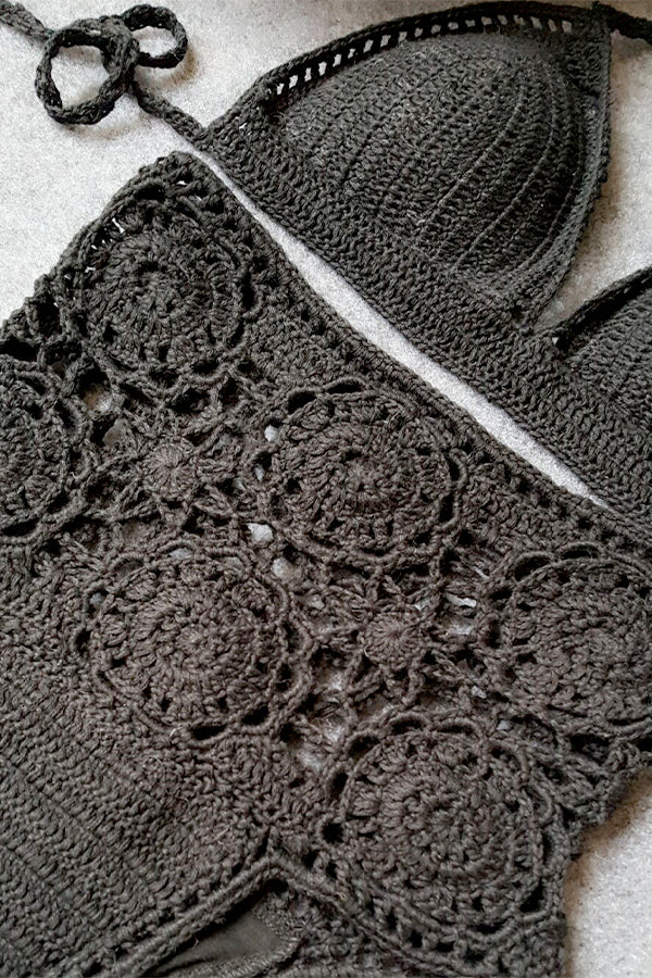 High-Waisted Swimsuit Solid Color Crochet Bikini