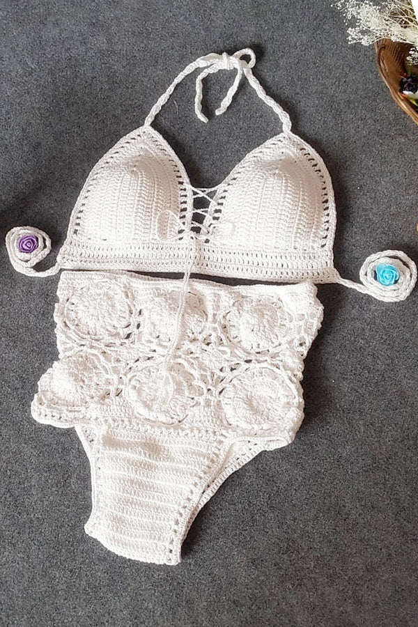 High-Waisted Swimsuit Solid Color Crochet Bikini