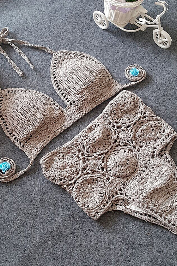 High-Waisted Swimsuit Solid Color Crochet Bikini