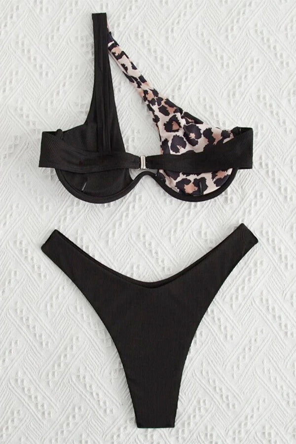 Cross-Shoulder Stitching Double Color One-Shoulder Bikini