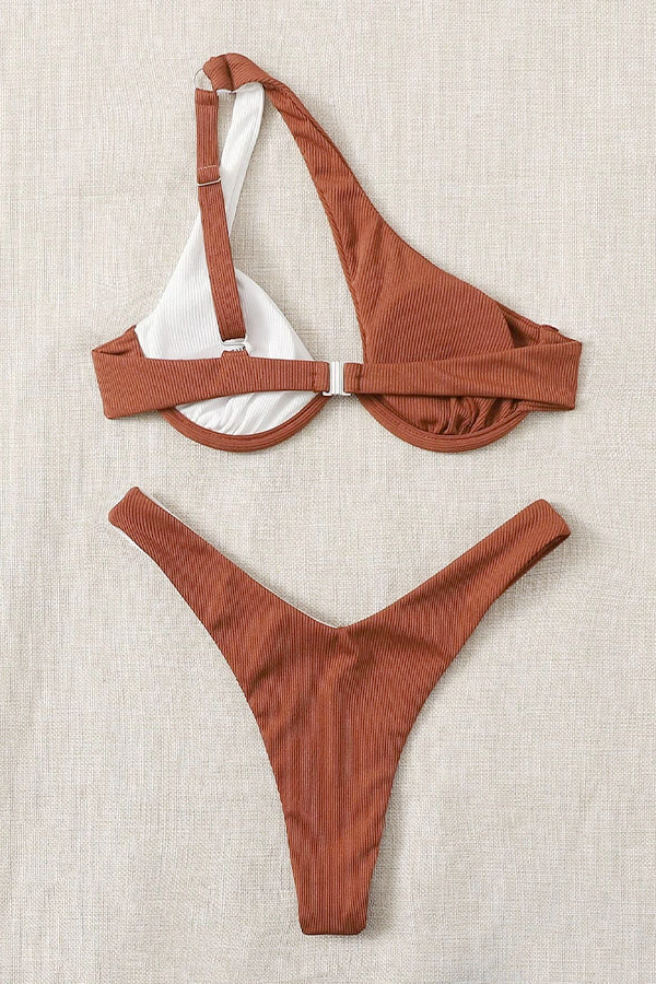 Cross-Shoulder Stitching Double Color One-Shoulder Bikini