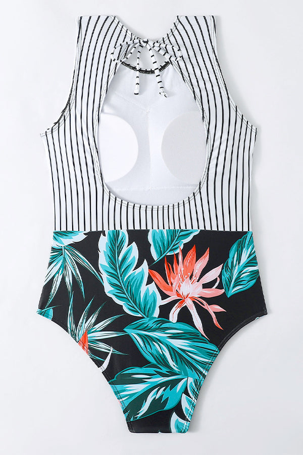 Striped Leafy One Piece Swimsuit