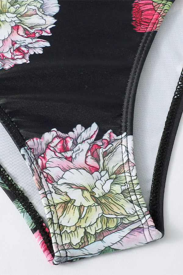 Striped Leafy One Piece Swimsuit