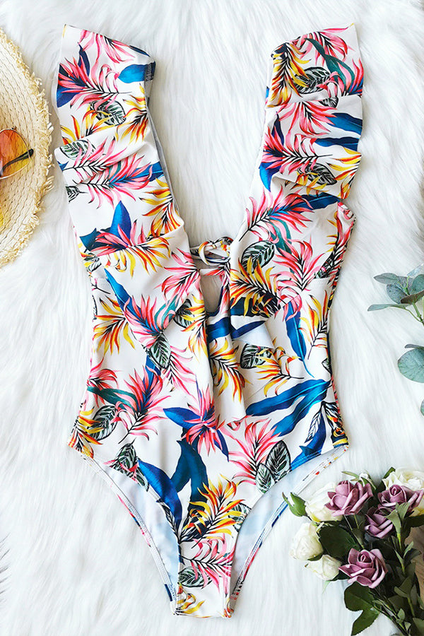 One-Piece V-Neck Ruffled Swimsuit